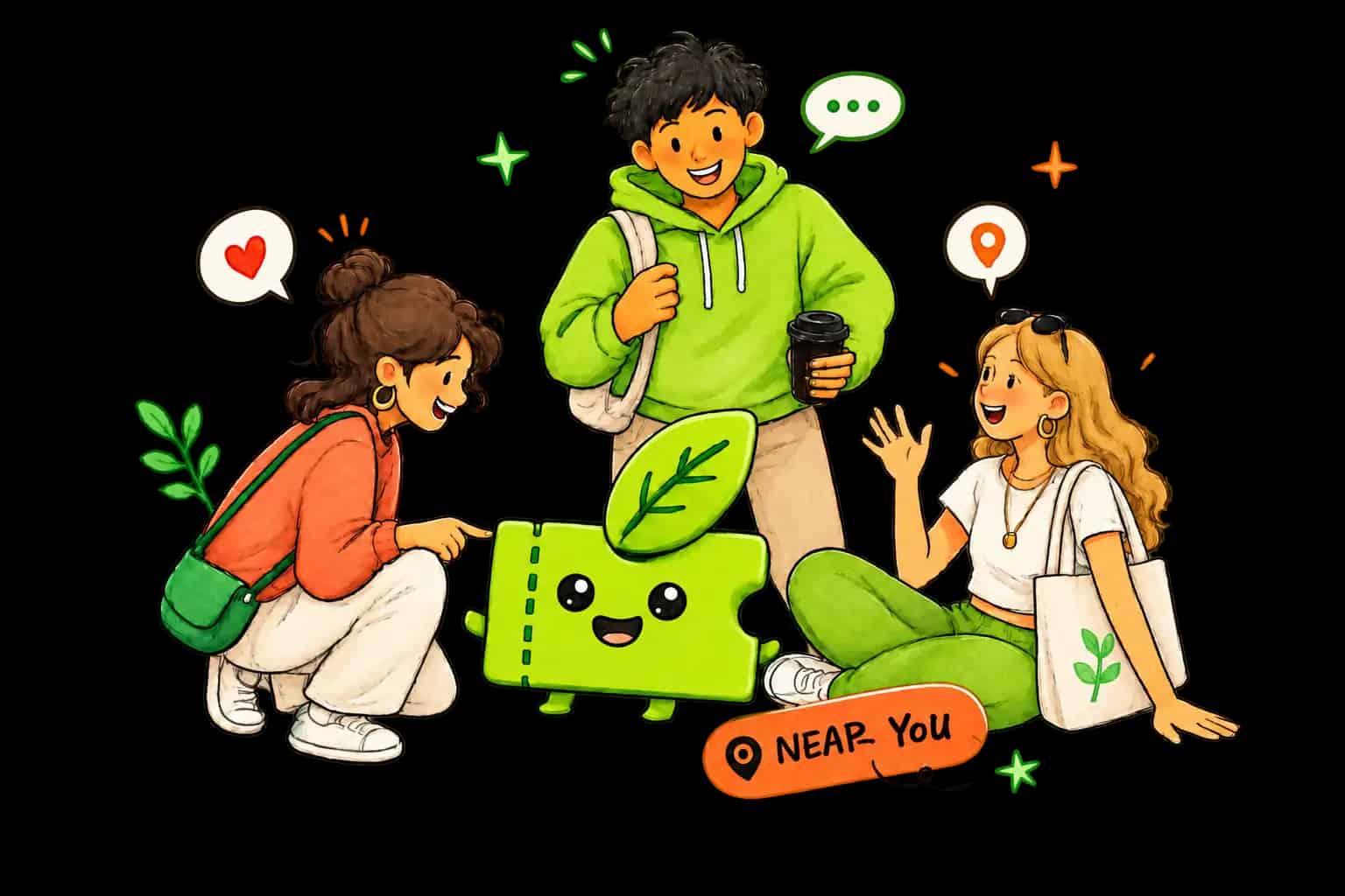 Amigos reunidos alrededor de la mascota de boleto de Mint Up