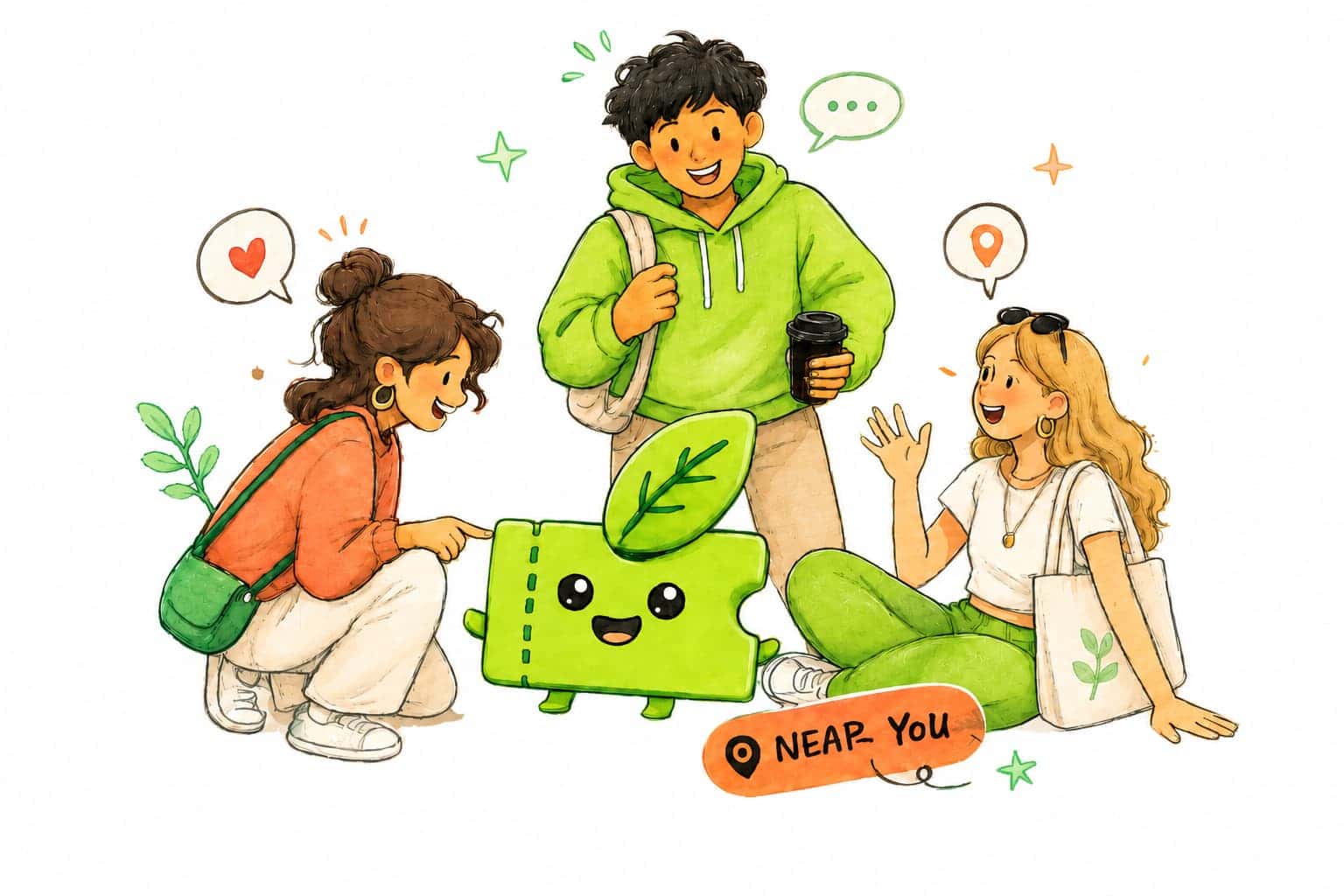 Friends gathering around the Mint Up ticket mascot